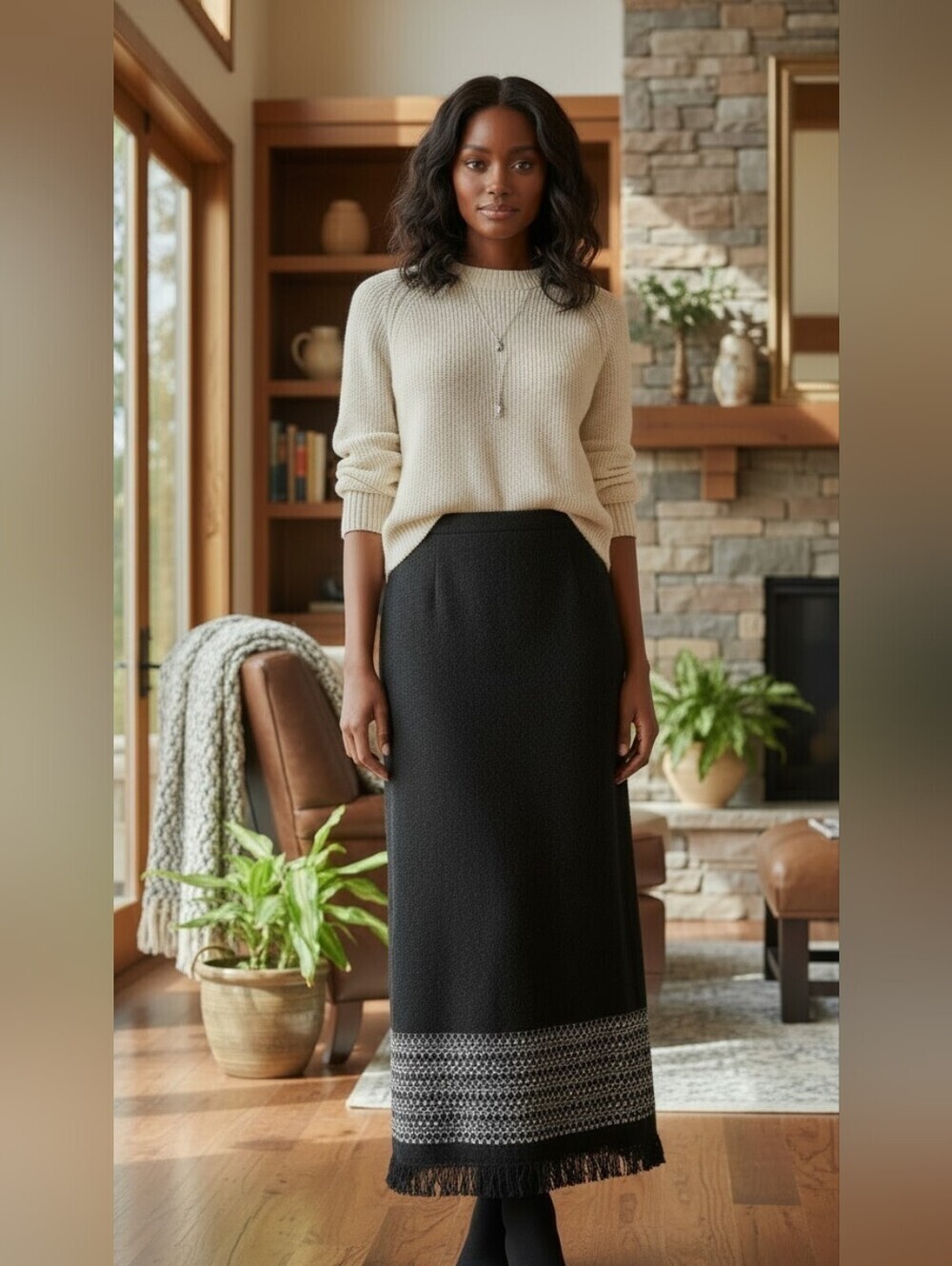 Chelsea Studio Black Wool Maxi Skirt Fringe Tweed Hem Trim Size 10 Elegant